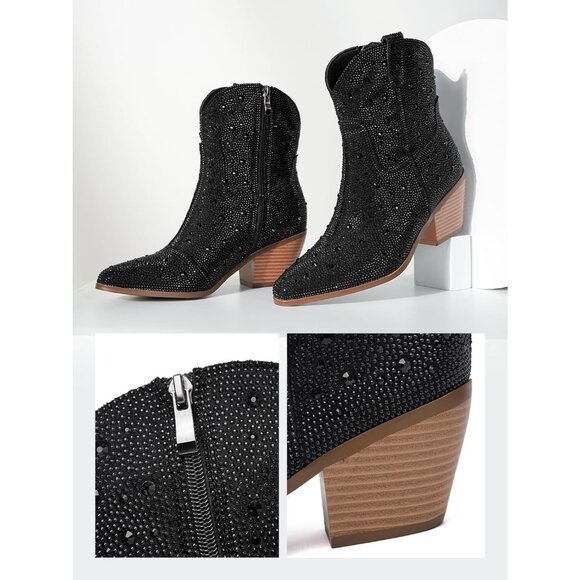 Women Black Rhinestone Western Cowboy Boots Pointed Toe Mid Heel Fashion - Picture 8 of 8